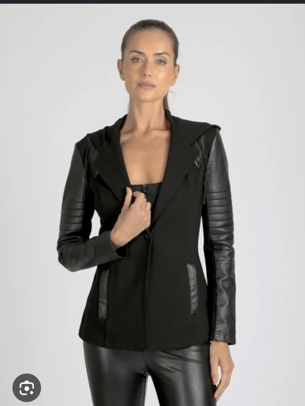 blanc noir Black Hooded Blazer with Leather-Effect Sleeves